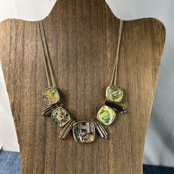 Abalone Slide Bead Necklace Gold Tone Boho 16” With 3” Extender Double Chain - Picture 2 of 10